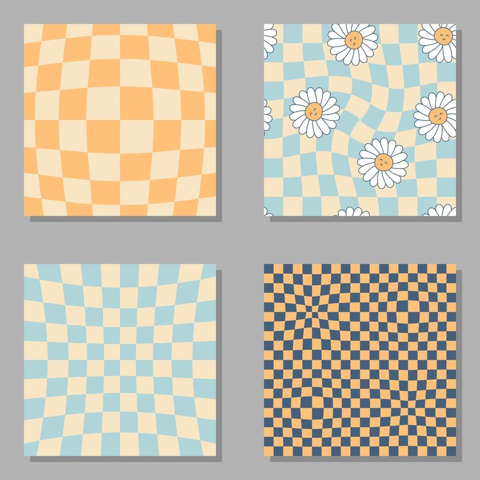Chamomile flowers, trippy grid, wavy checkerboard seamless pattern set. vector