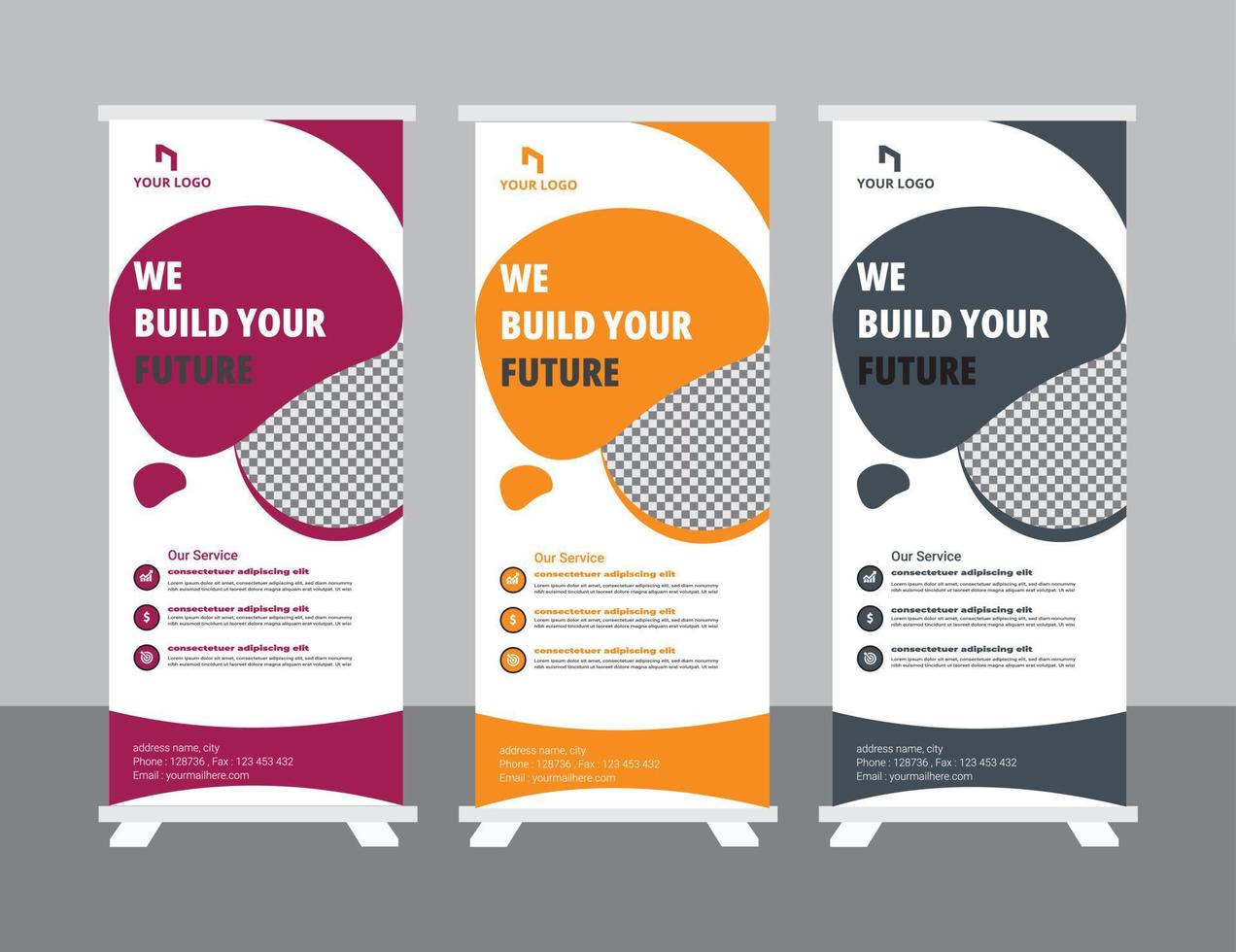 Roll up banner design template, modern x-banner vector