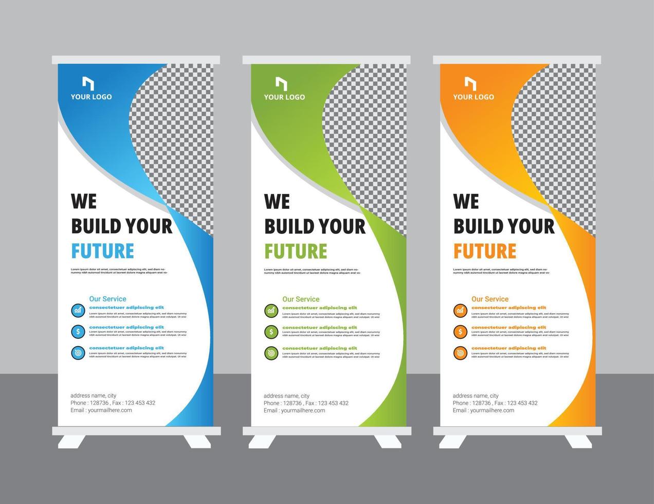 Roll up banner design template, modern x-banner vector