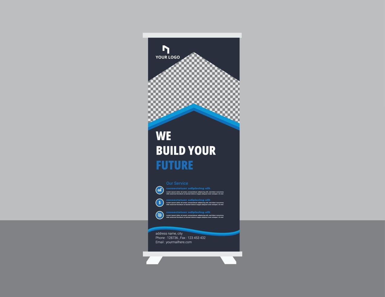 Roll up banner design template, modern x-banner vector
