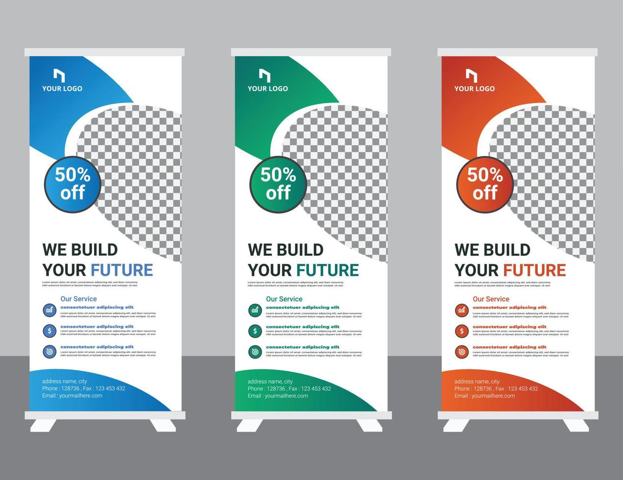Roll up banner design template, modern x-banner vector