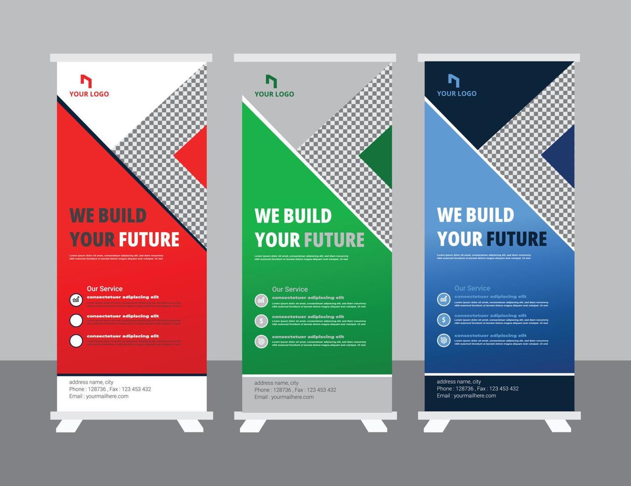 Roll up banner design template, modern x-banner vector