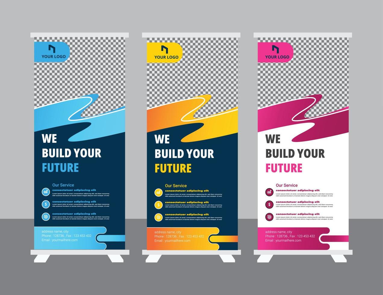 Roll up banner design template, modern x-banner vector