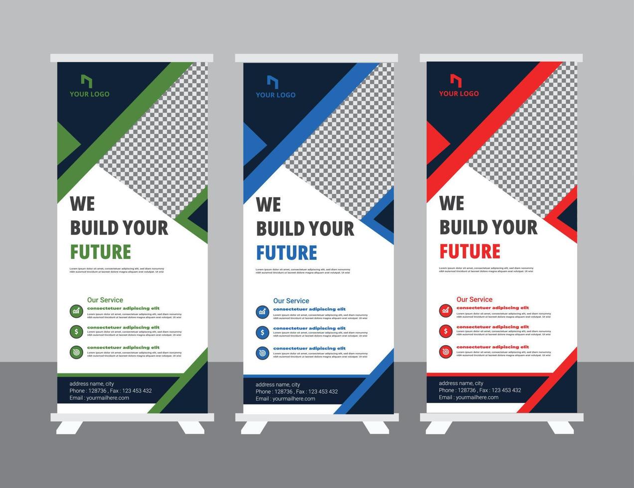 Roll up banner design template, modern x-banner vector