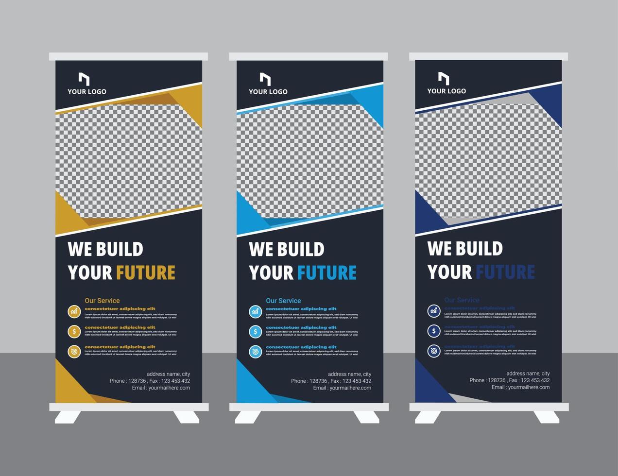 Roll up banner design template, modern x-banner vector