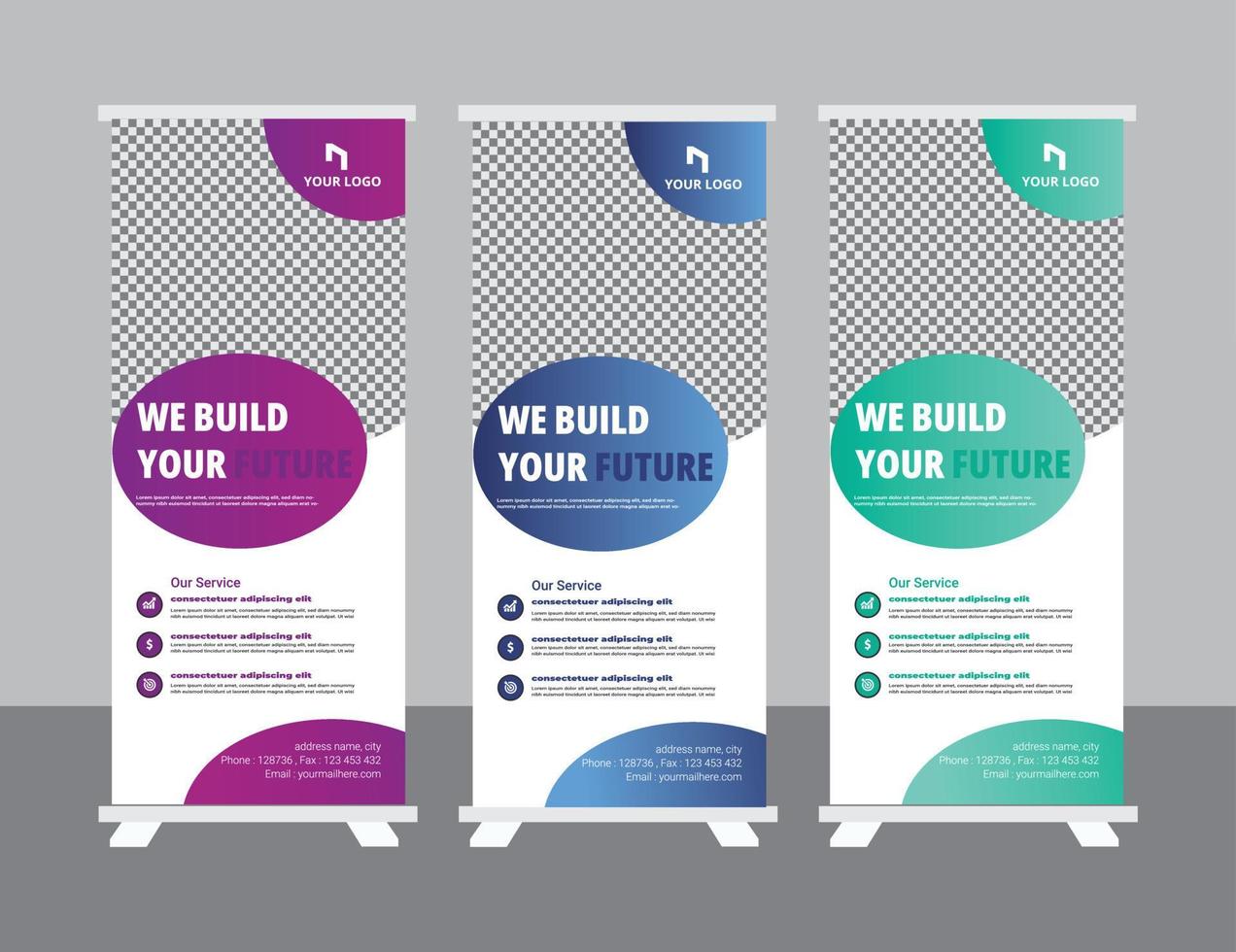 Roll up banner design template, modern x-banner vector