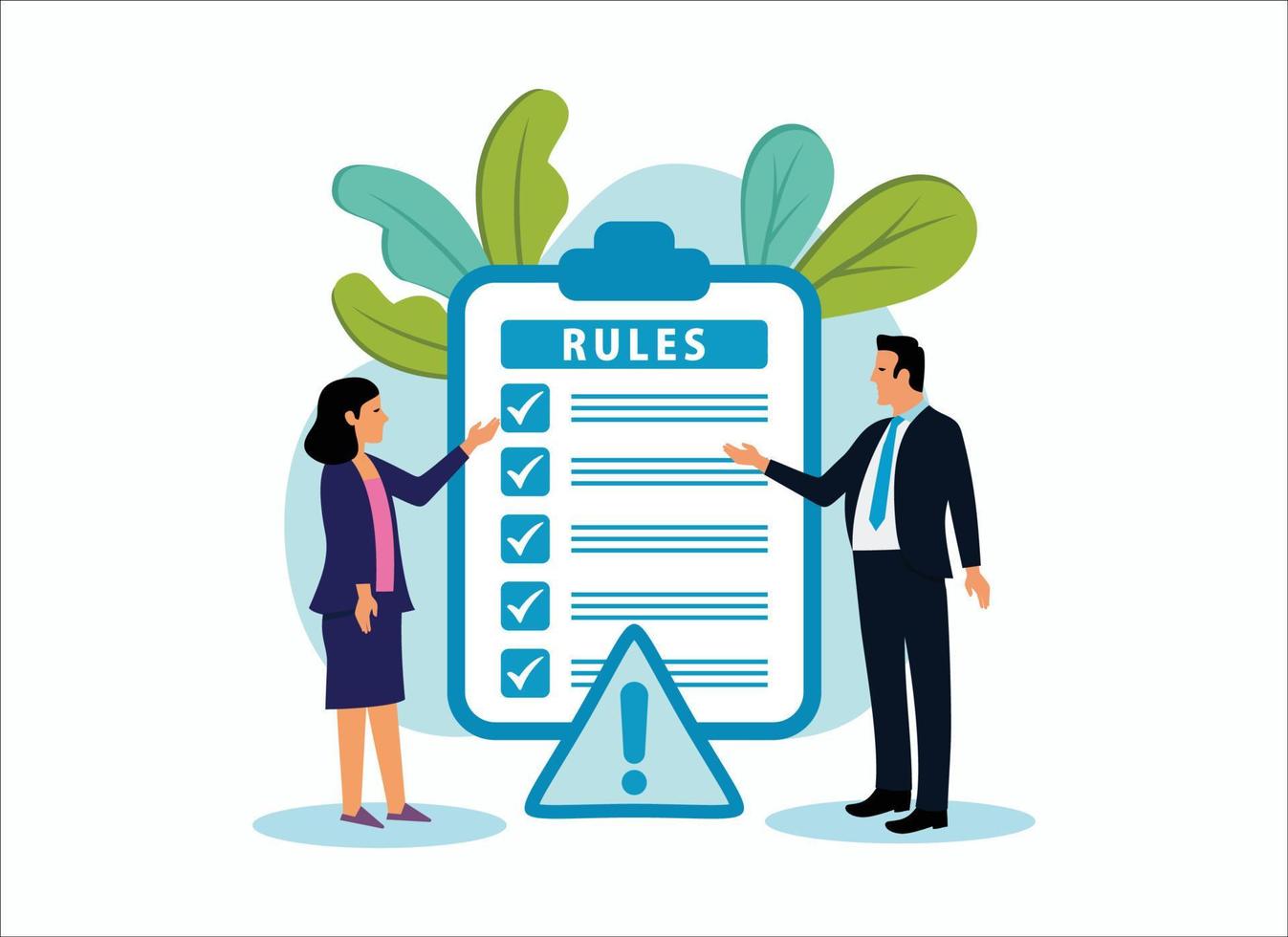 Rules and regulations, policy and guideline for employee to follow, businessman finish writing rules and regulations document, Modern Flat Illustration. vector