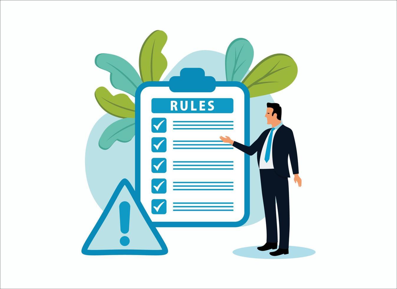 Rules and regulations, policy and guideline for employee to follow, businessman finish writing rules and regulations document, Modern Flat Illustration. vector