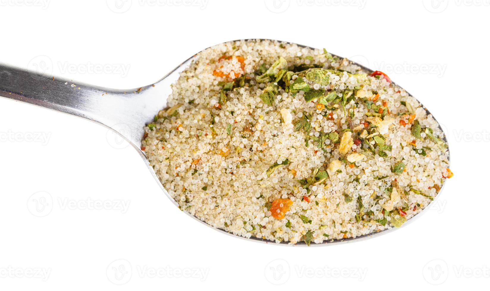 top view teaspoon with seasoned salt with flavors photo