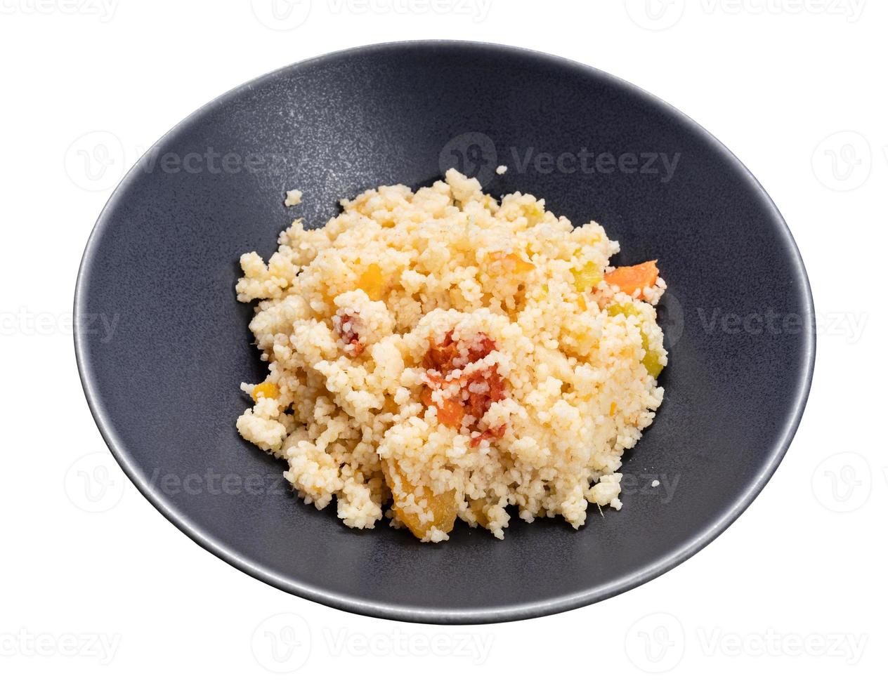 couscous cooked with vegetables in gray bowl photo