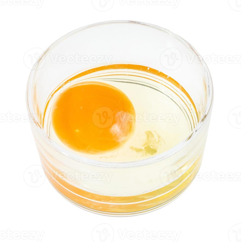 raw egg in glass bowl isolated on white photo