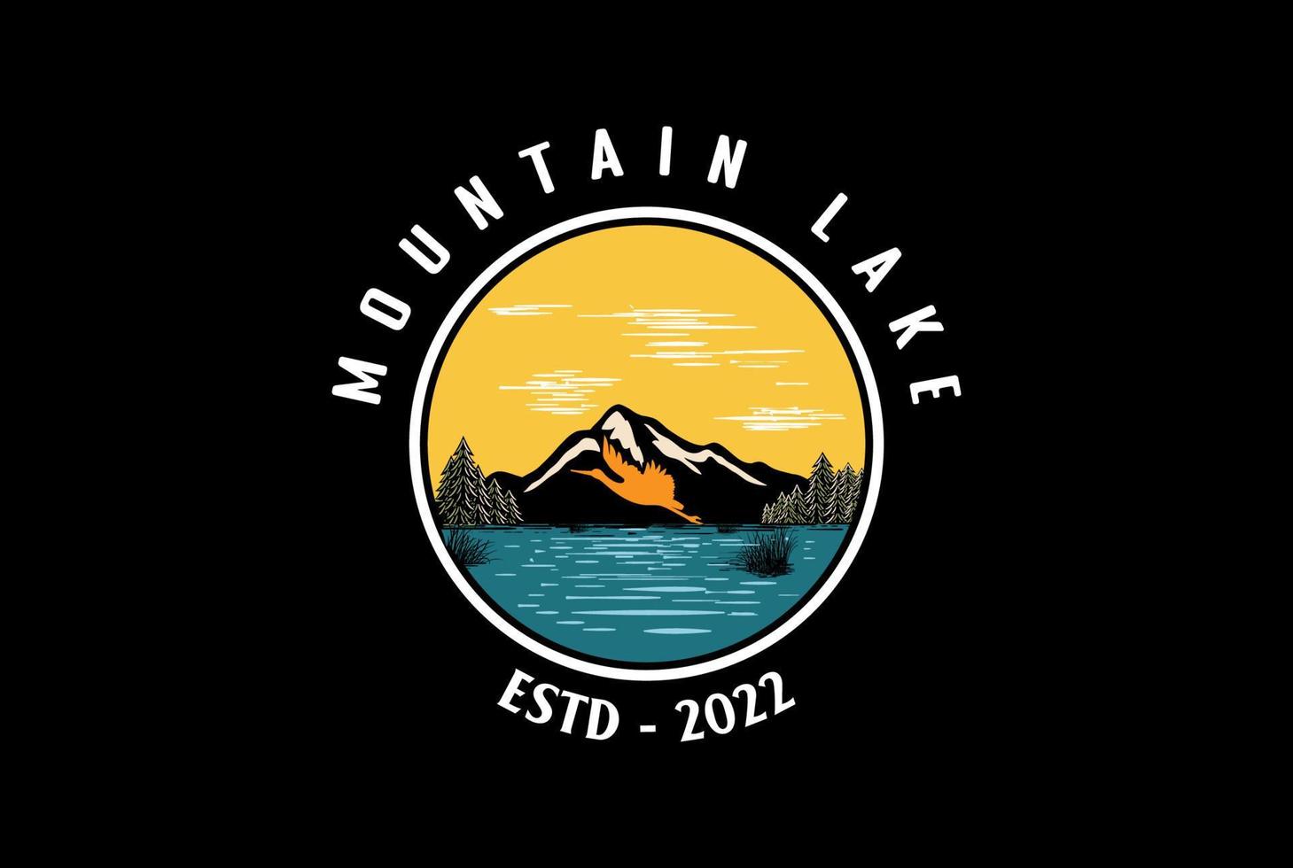Sunset Mountain Pine Evergreen Conifer Fir Trees Forest with Lake River Creek and Flying Stork Heron Flamingo Logo Design vector