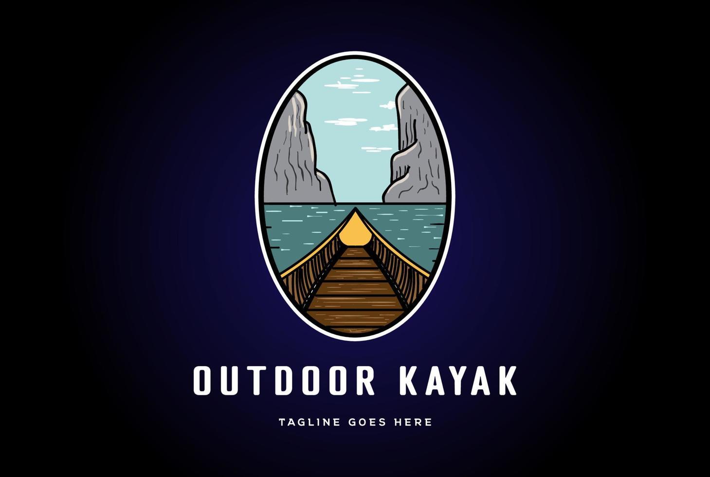 Canyon and River Creek Lake with Boat for Canoe Kayaking Rafting Outdoor Adventure Logo Design Vector