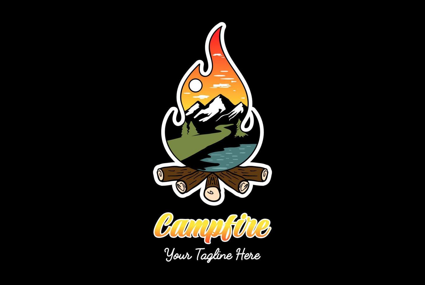 Campfire Bonfire Sky Pine Evergreen Spruce Conifer Larch Cypress Fir Forest with Lake Creek River for Outdoor Camp Adventure T Shirt Logo Design vector