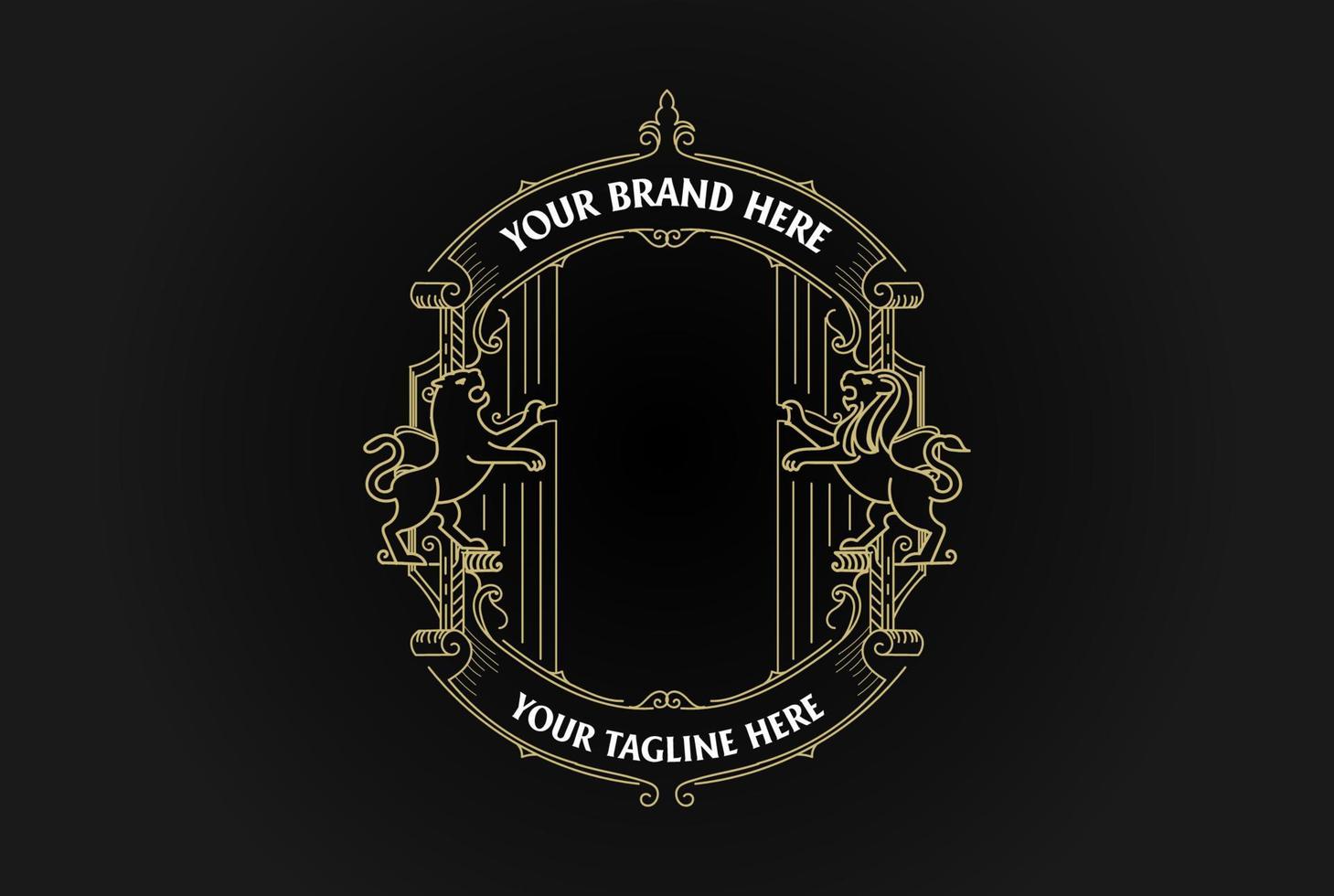 Vintage Retro Ornament Blank Border Frame Royal with Lion and Tiger Badge Emblem Stamp Label Logo Design Vector