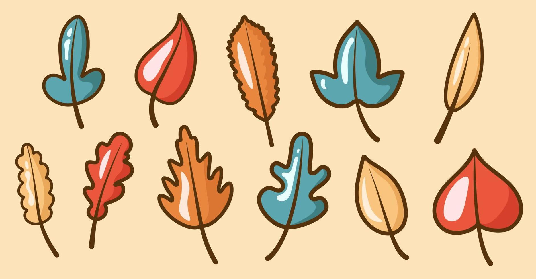 lindo conjunto de hojas de otoño. estilo de dibujos animados planos vectoriales. icono de objeto de la naturaleza. Hola otoño. para el diseño de pancartas y postales para las vacaciones de otoño. Aislado en un fondo blanco. elementos de otoño vector