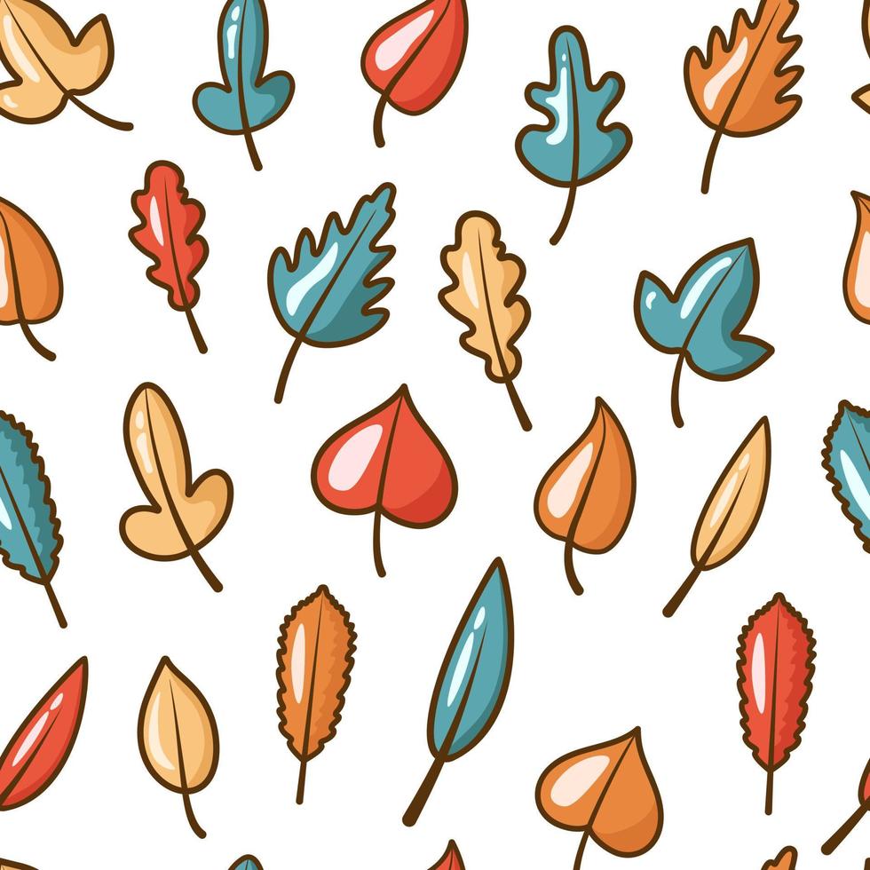 Seamless pattern of multicolored leaves. Background for poster or cover. Figure for textiles. Simple childish cartoon flat style. Cute doodle autumn leaves. Cozy autumn. Hello autumn. vector