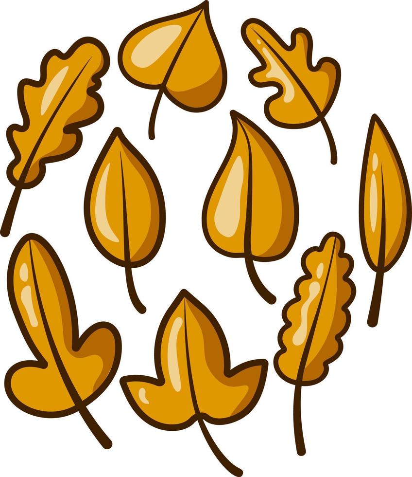 Autumn leaves. Dry fallen leaf. Fall forest yellow foliage. Dried plant leaves, autumnal falling leaf vector set. Seasonal herbarium. Hand drawn. Cute cartoon style. Cozy autumn. Hello autumn.