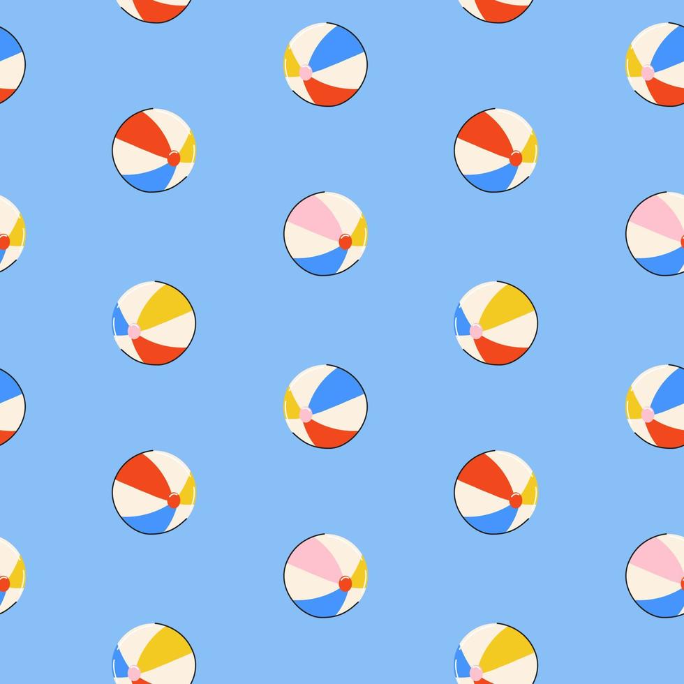 Seamless summer pattern with colorful balls in bright blue, pink, yellow colors in flat style on blue background. For print, package, wrapper. vector