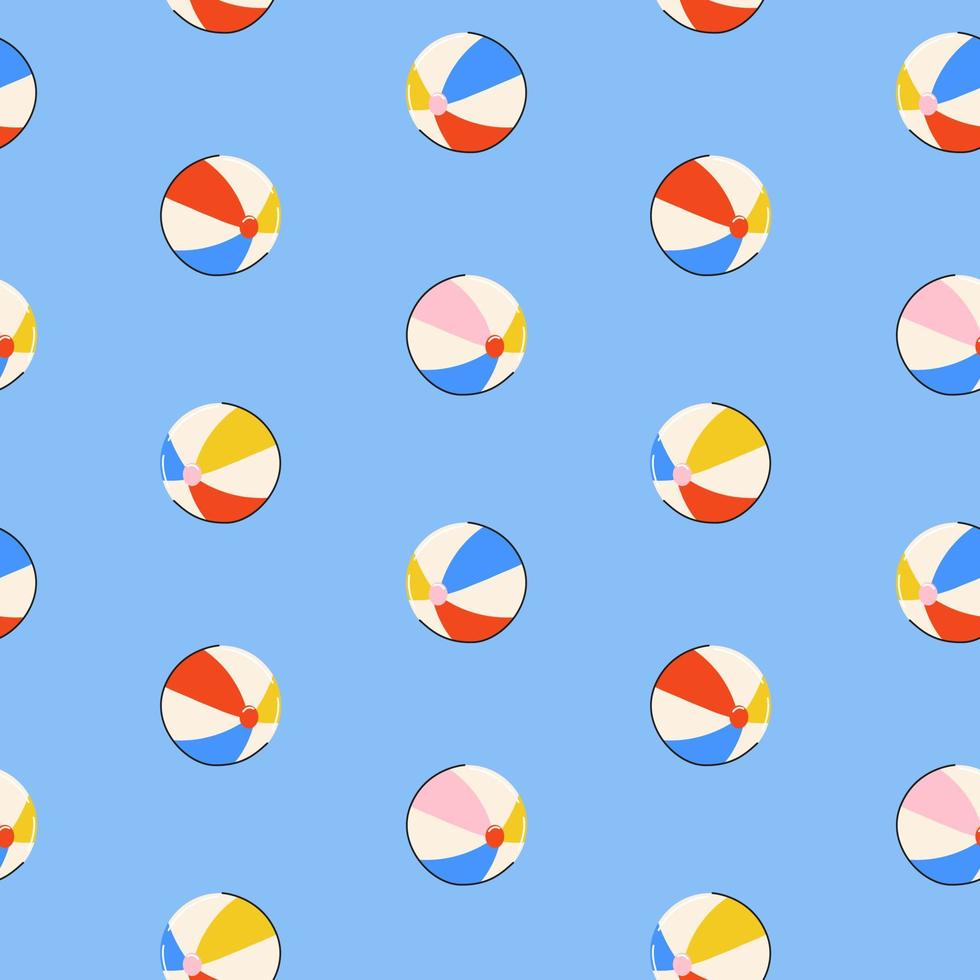 Seamless summer pattern with colorful balls in bright blue, pink, yellow colors in flat style on blue background. For print, package, wrapper. vector