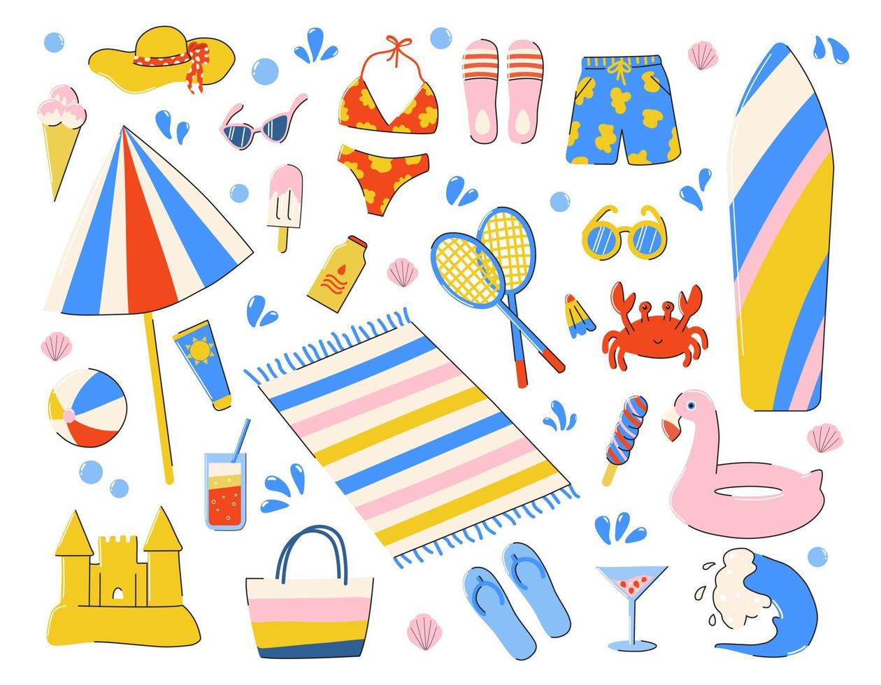 Summertime set with summer items and other accessories vector