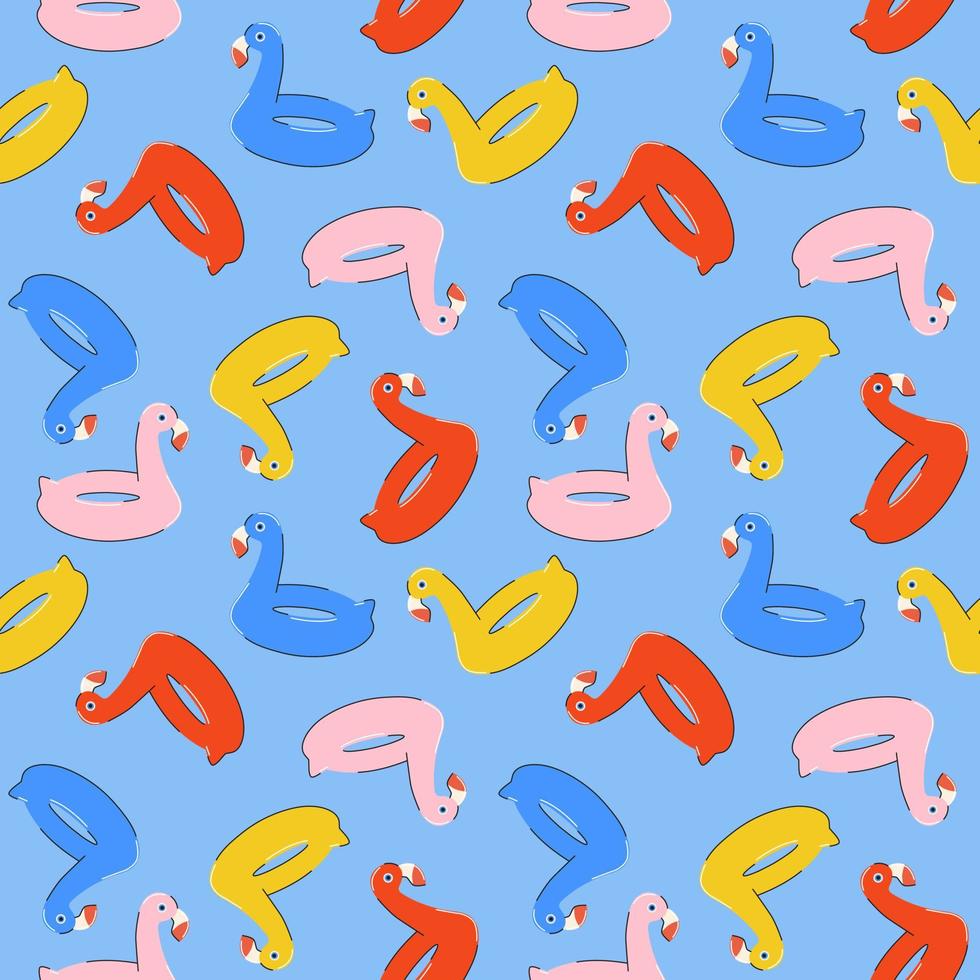 Seamless summer pattern with colorful inflatable rubber flamingos in bright blue, red, pink, yellow colors in flat style. For print, package, wrapper, background. vector