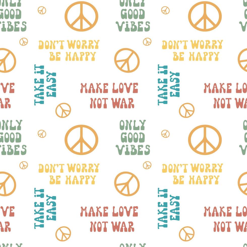 Seamless pattern with quotes in retro hippie style of 70s. Cute graphic print for t-shirt, posters, card design. vector