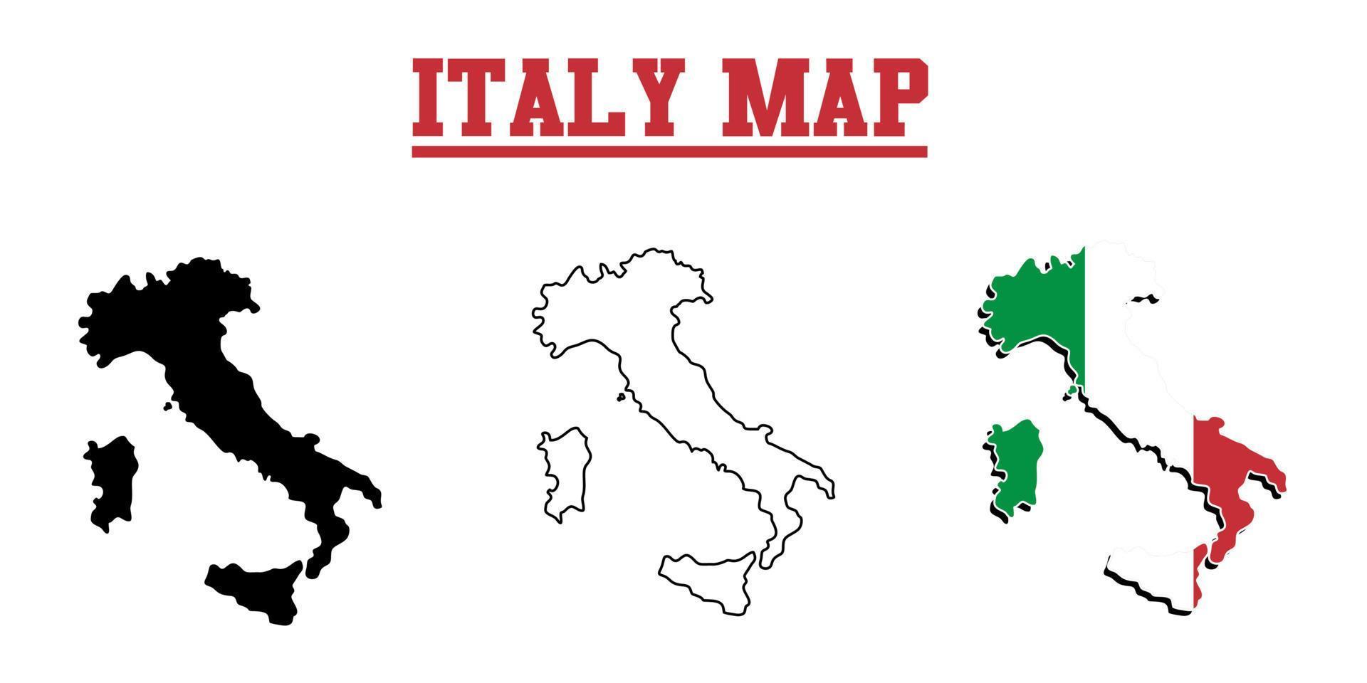 mapa vectorial de italia con color negro sólido, contorno y colores de la bandera del país de italia vector