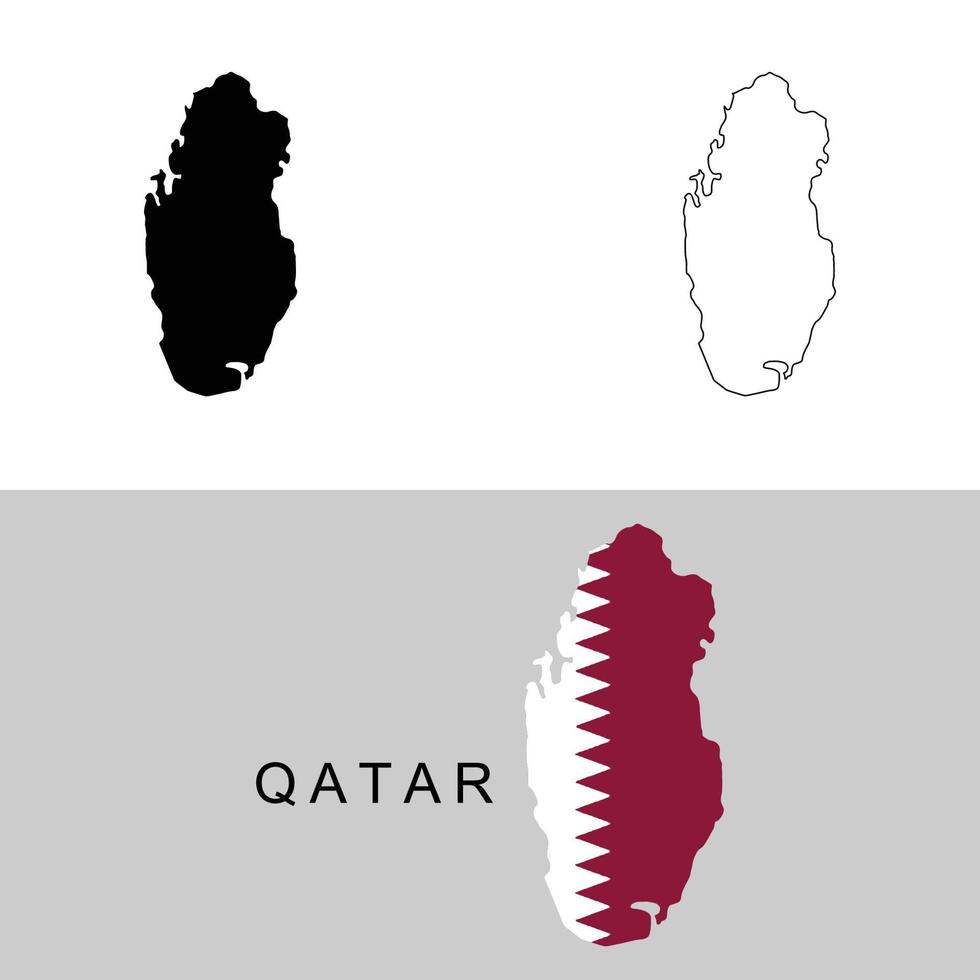 Set of Qatar map vector. Black Solid Shilouette, Black Outline, Map with Qatar Flag. vector