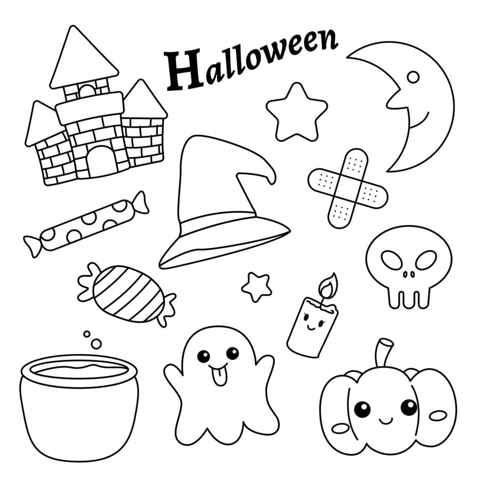 Set of Halloween colouring book. Pumpkin, candy, moon, castle, ghost and more. Black outline. Vector illustration