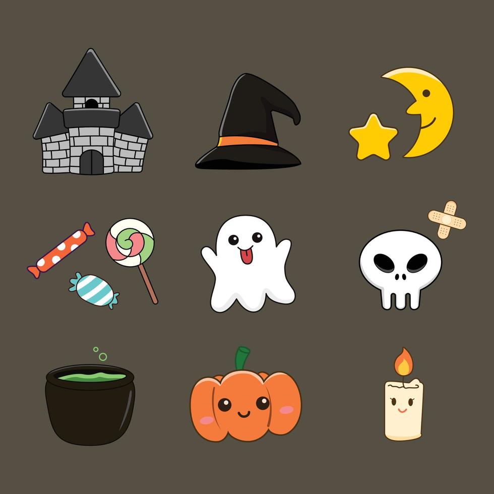 conjunto de personajes de dibujos animados lindo de halloween. castillo, fantasma, calavera, calabaza, dulces y más. ilustración vectorial vector