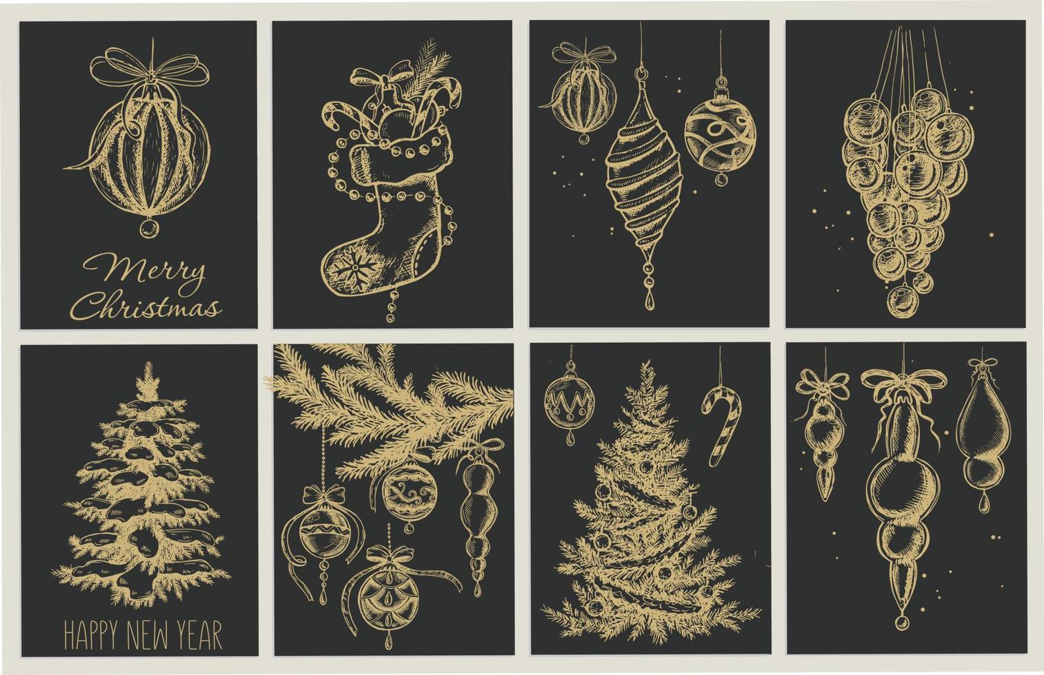 conjunto de árbol de navidad, galleta y bola de navidad, ilustración dibujada a mano. vector