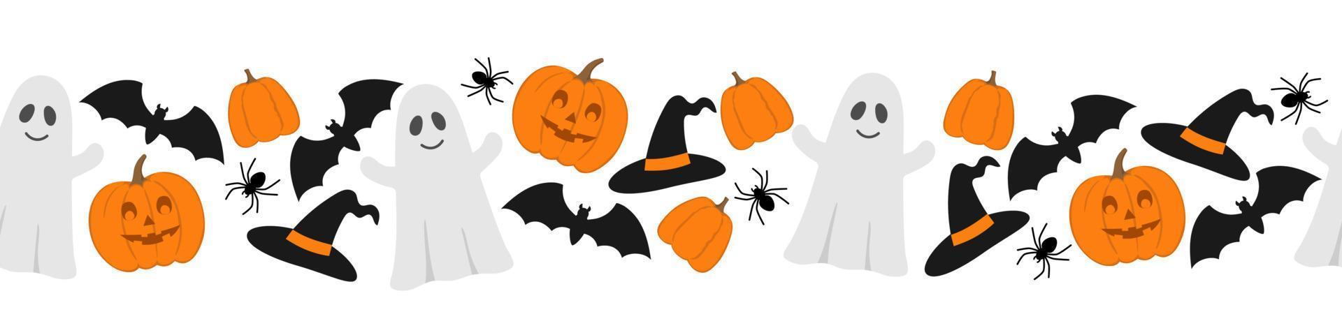 Halloween seamless border. Pumpkins, bats, spiders ghost and witch hat. vector
