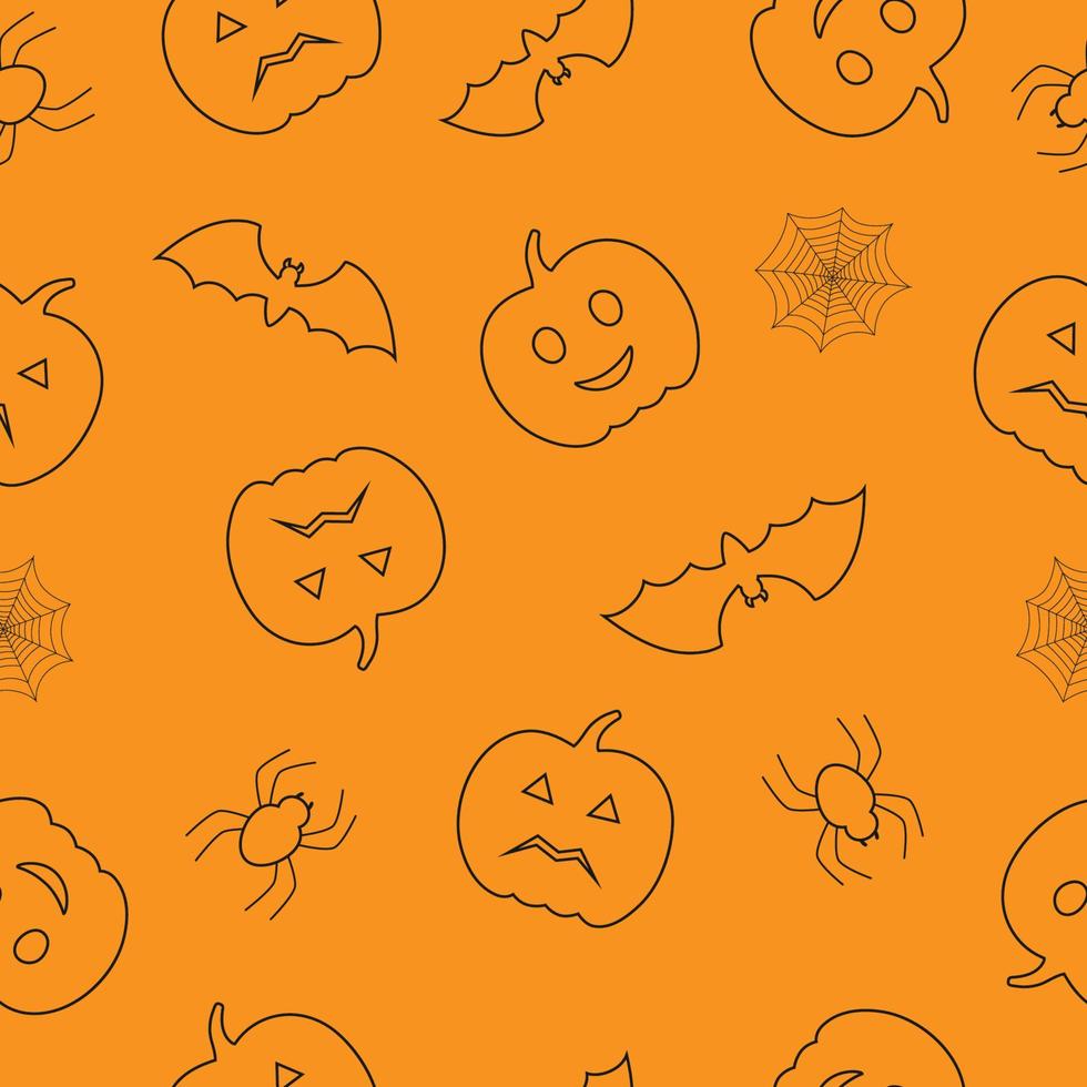 Seamless pattern of black pumpkins, bats, spiders on orange background. Line art design. vector