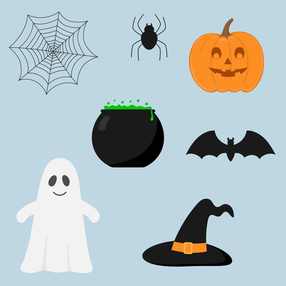 conjunto de halloween calabaza, fantasma, araña, murciélago, telaraña, sombrero de bruja y olla. vector