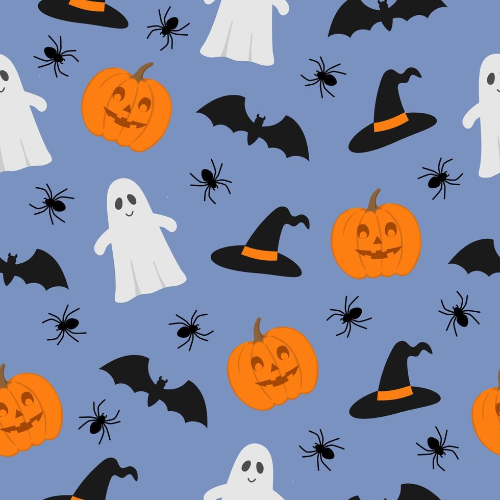 Halloween seamless pattern. Pumpkins, bats, spiders ghost and witch hat on blue background. vector