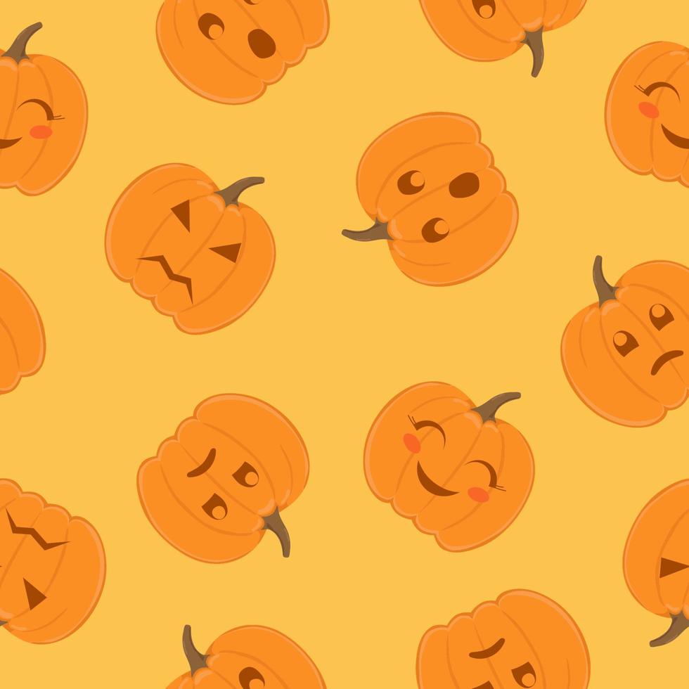 patrón sin costuras de calabazas con varias emociones sobre fondo amarillo. fondo de halloween para el diseño decorativo de otoño. vector