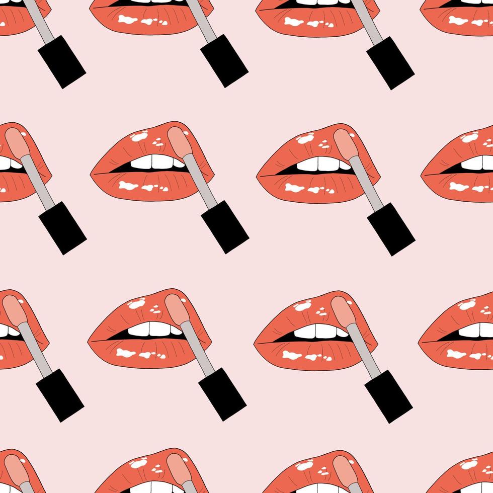 Woman lips and lipstick seamless pattern on pink background. Makeup concept. Sketch female fashion. Vector illustration for wrapping, card, clothes, wallpaper