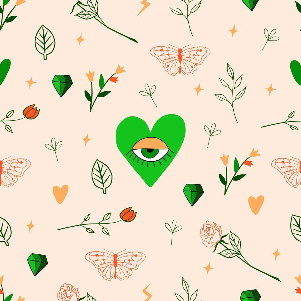 Fantasy seamless pattern with flower, herbs, butterfly, heart, diamond. Magic objects for t-shirt, prints. Elements in trendy tattoo style. Vector doodle texture
