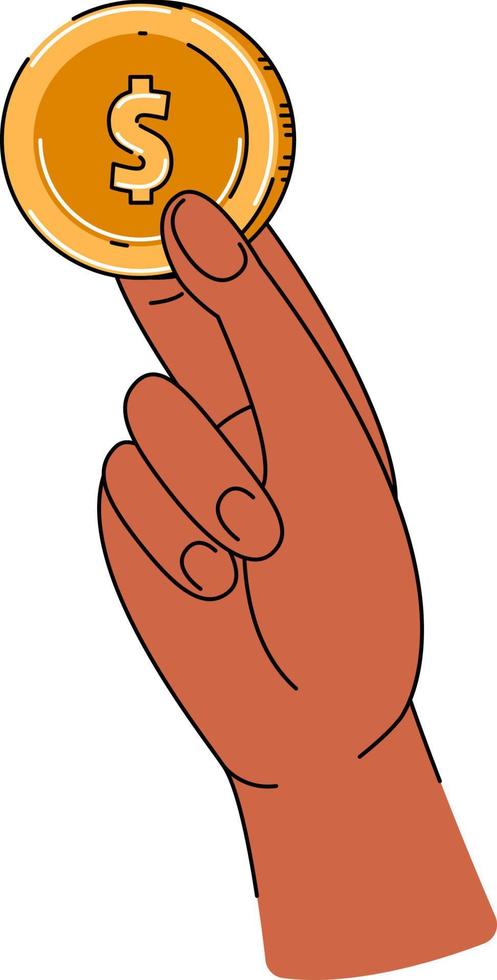 Sign hand holding coin. Money transfer, receive, hold concept. Vector flat illustration.