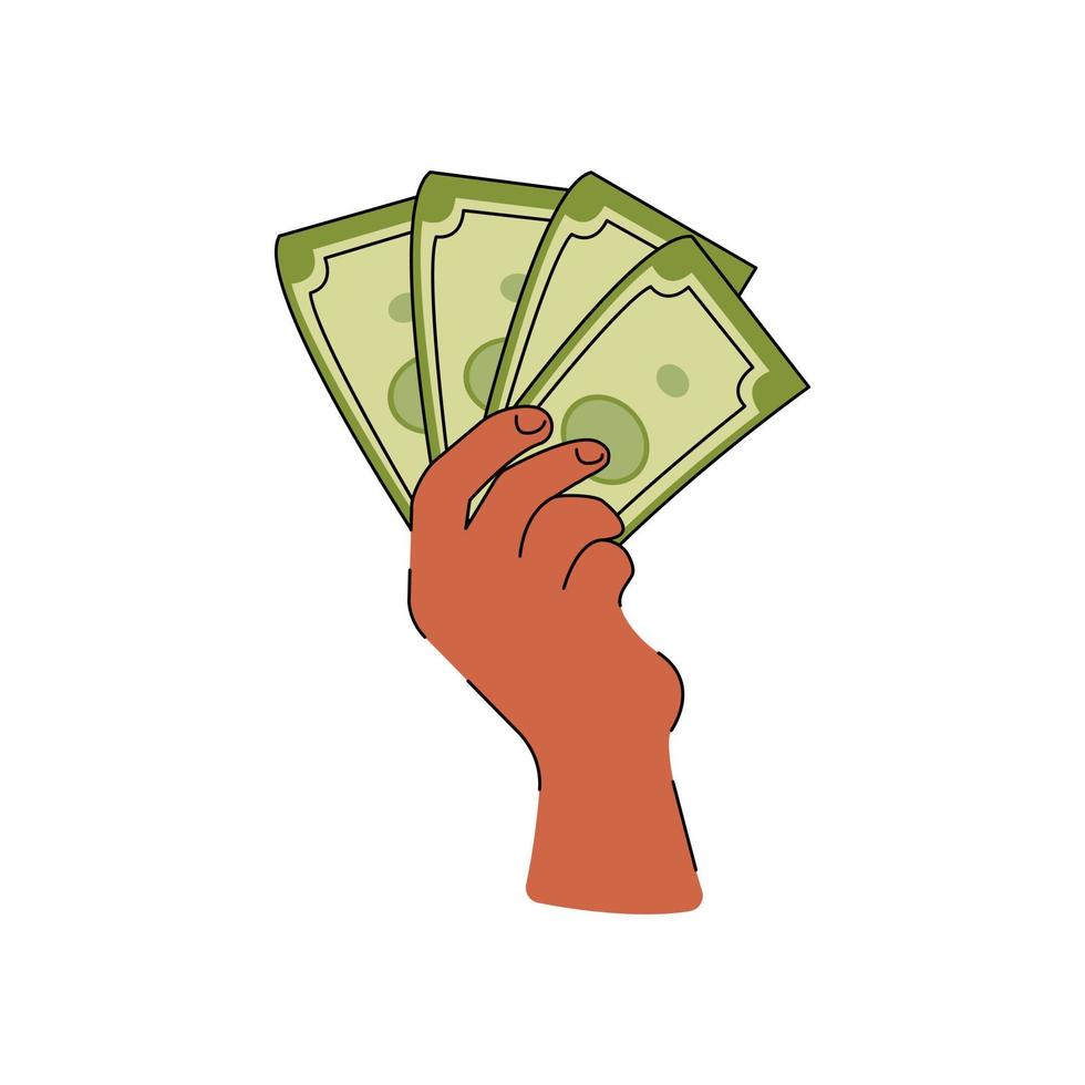 Sign hand holding currency. Money transfer, receive, hold concept. Vector flat illustration.