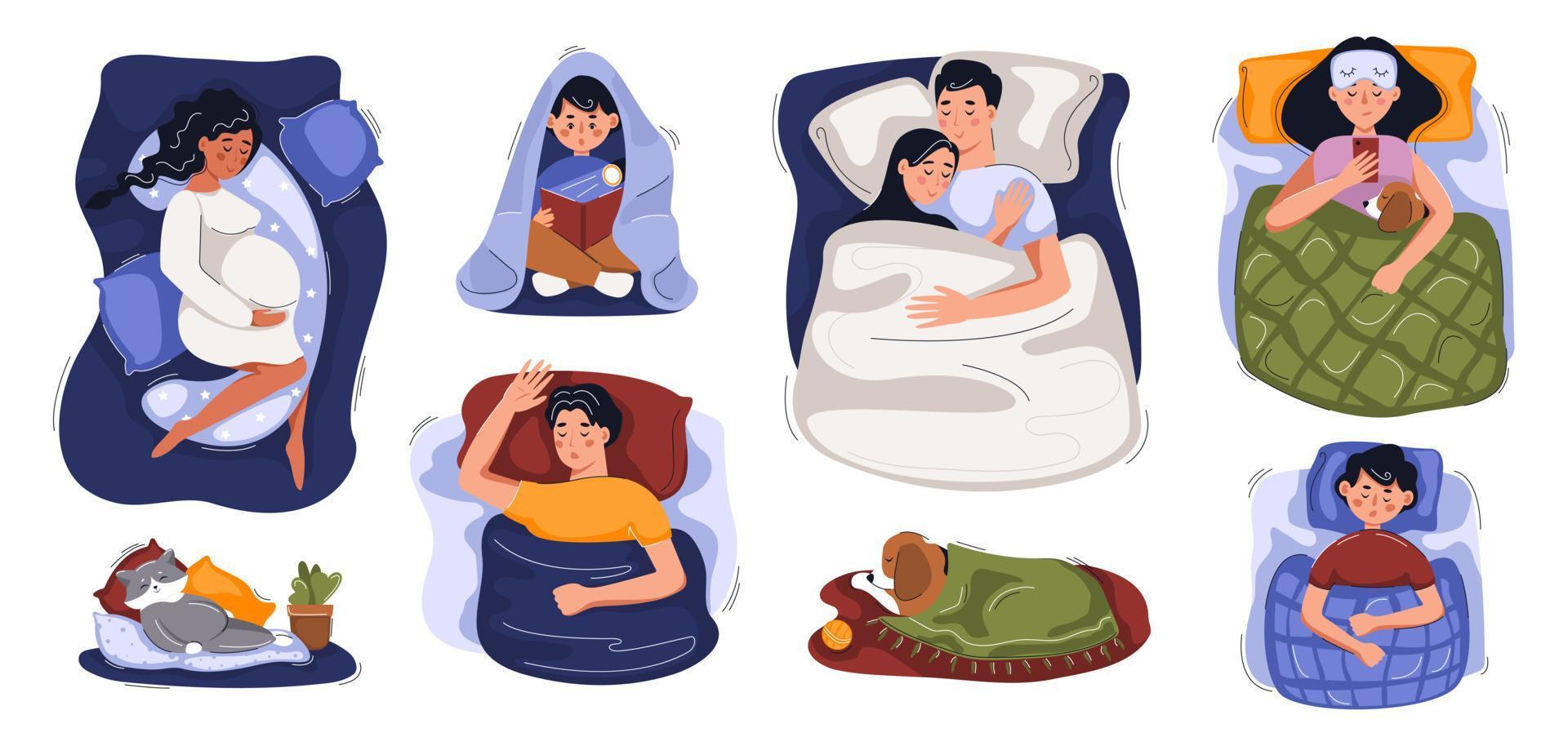 conjunto de personas acostadas en la cama. pareja dormida, embarazada, solo hombre y mujer, niño, perro y gato. concepto de hora de acostarse, insomnio, sueño, sueño profundo. ilustración plana vectorial. vector