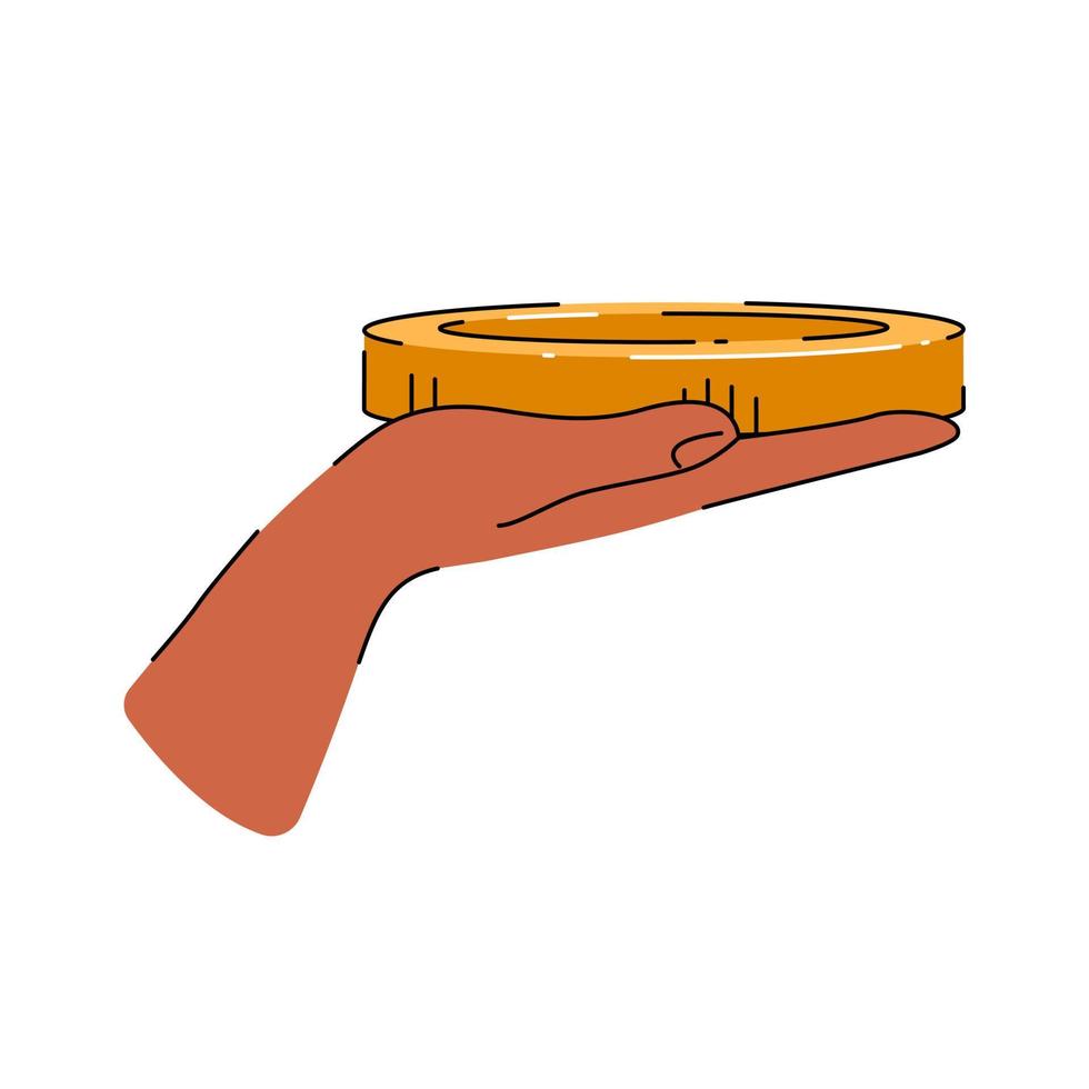 Hand with coin. Money transfer, lack of money, receive, hold concept. Vector flat illustration.