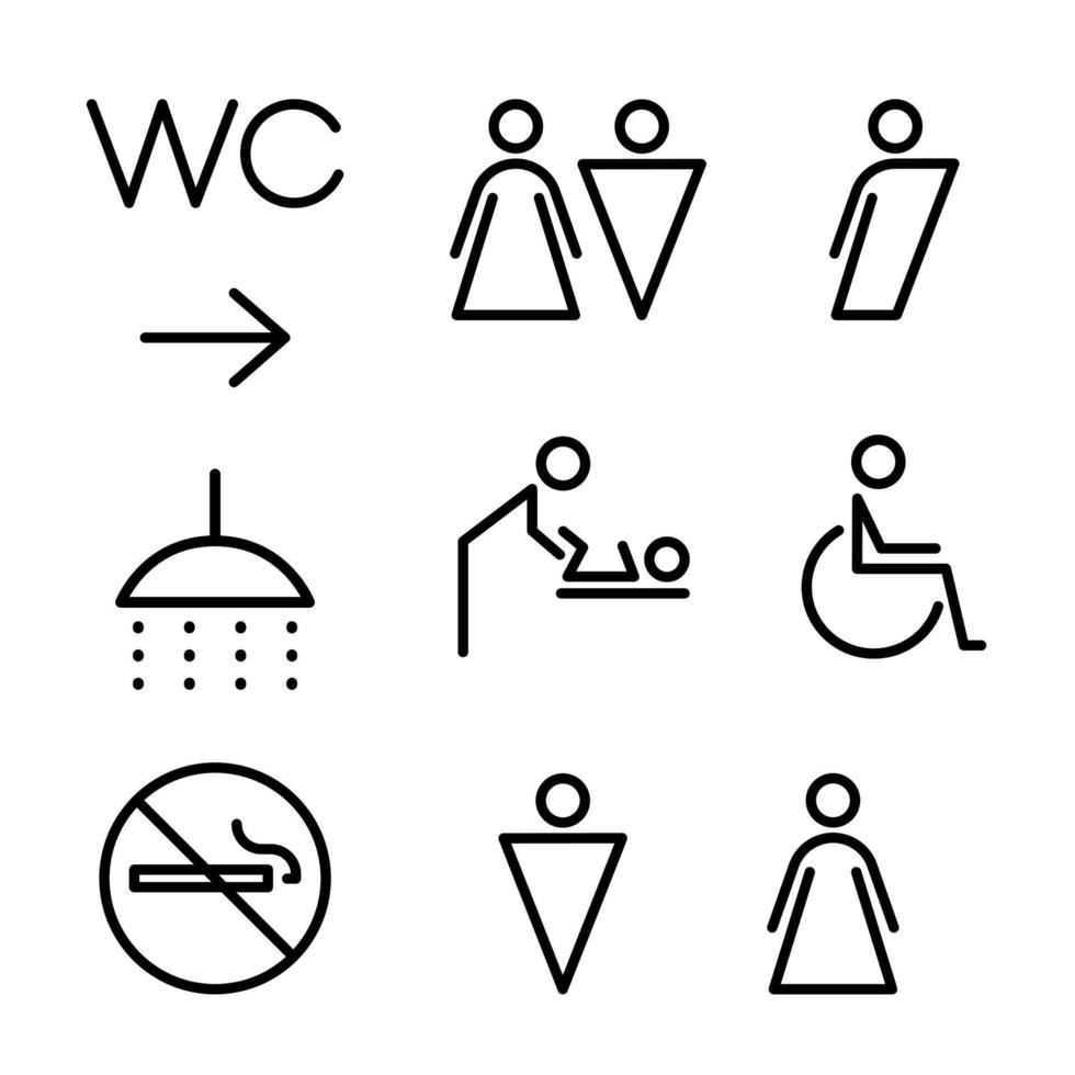 Wayfinding wc. Toilet outlined linear icon set. Washroom for men, women, disabled, transgender, baby room, bathroom, no smoking. Vector illustration.