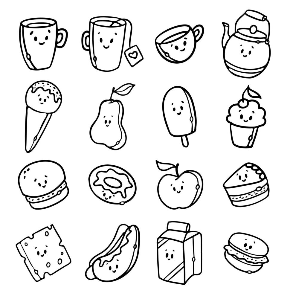 Cute Kawaii fast food meal outline doodle cartoon style for Coloring book Vector Illustration