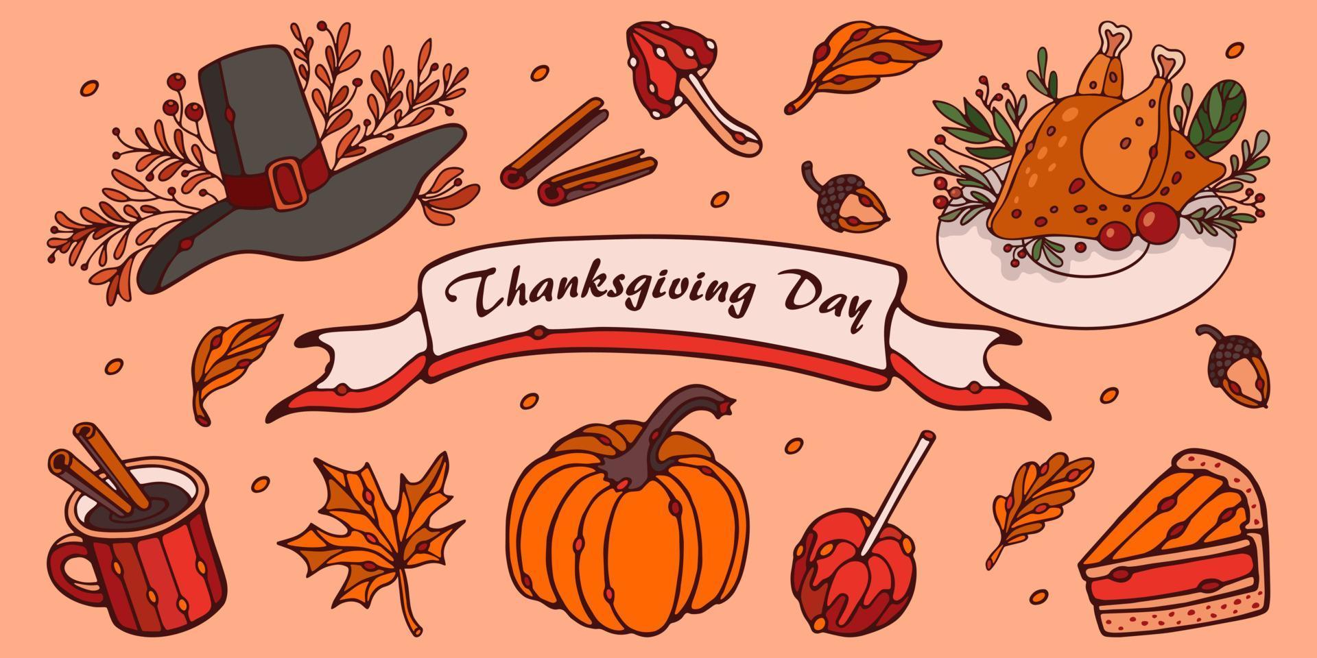 Thanksgiving Autumn Set vector illustration. Pumpkin, roast turkey, a cup of cinnamon tea, pilgrim hat, pie, leaves isolated on orange background