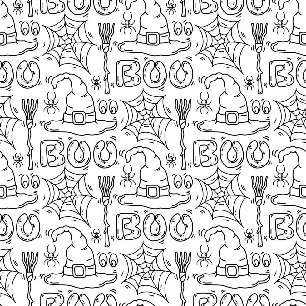 Witch seamless pattern with hat, broom and spider. vector