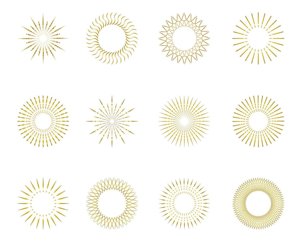 sunburst establece estilo dorado. emblema del icono del logotipo de la luz del sol para su ilustración de vector de diseño.