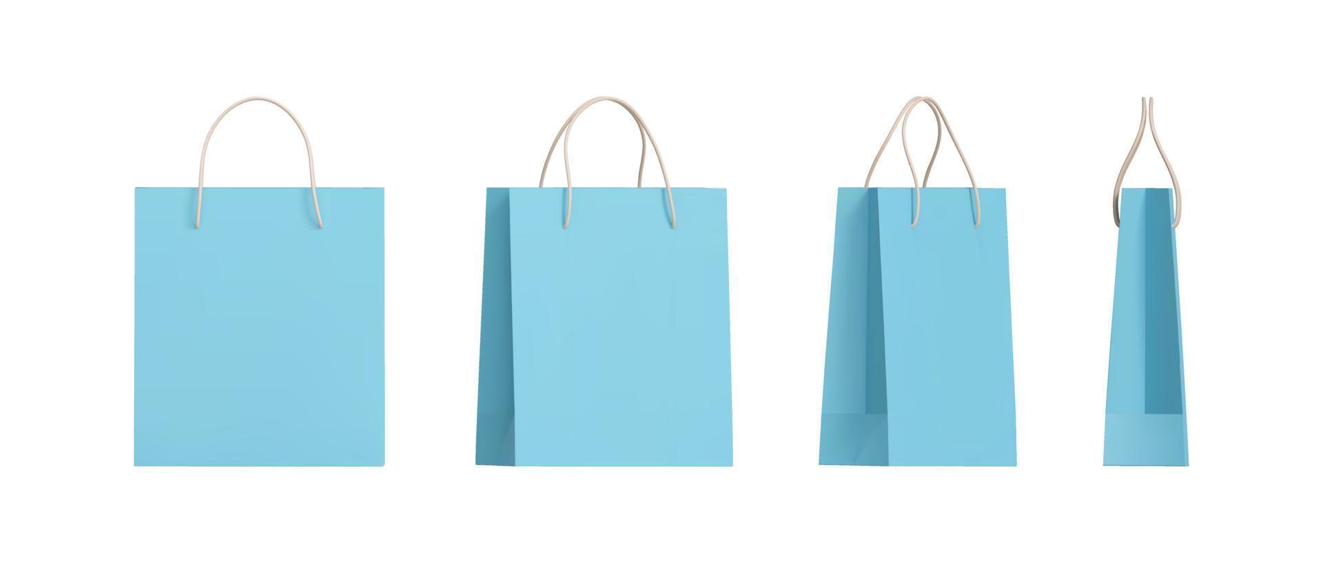 Set of 3d blue paper shopping bags packaging with different angles. Front and side view of retail purchase packaging, blank mockup. Realistic vector illustration isolated