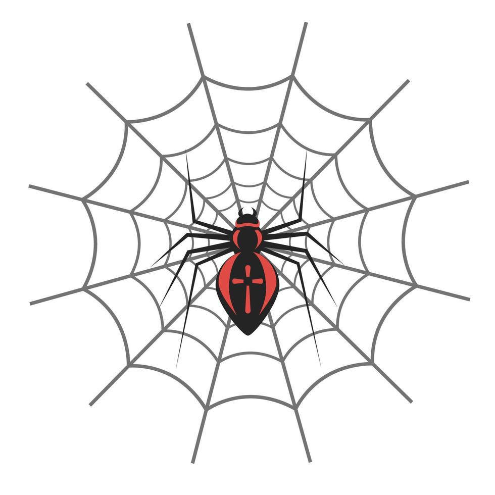 A black spider in the center of the web with a red cross vector
